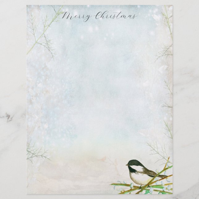 Merry Christmas Letter Chickadee Bird Botanical  Custom Letterhead (Front)