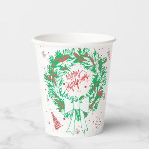 Merry Christmas Lettering and Gingerbread Holiday. Paper Cups