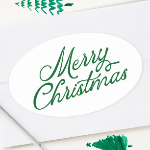 Merry Christmas Lettering Green and White Oval Sticker