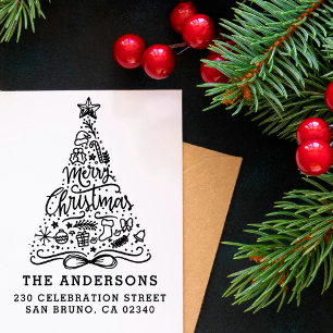 Merry Christmas Lettering Name & Return Address Rubber Stamp