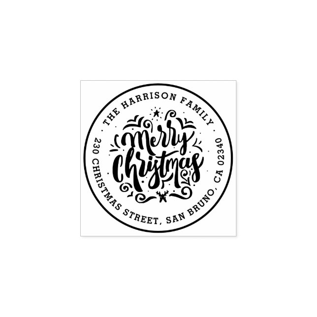 Merry Christmas Lettering Name & Return Address Rubber Stamp (Imprint)