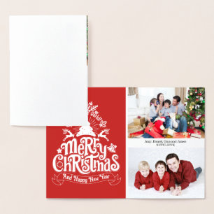 Merry Christmas lettering typography family photo Foil Card