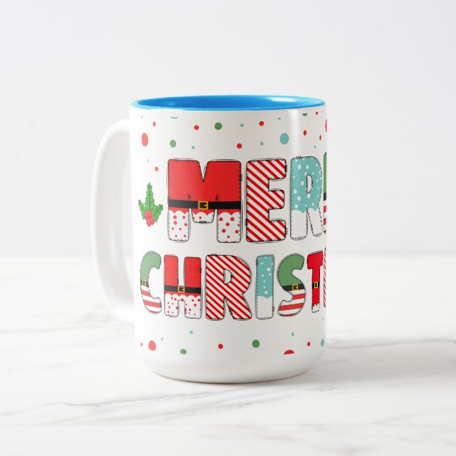 Merry Christmas Letters in Holiday Colours Two-Tone Coffee Mug (Front Left)