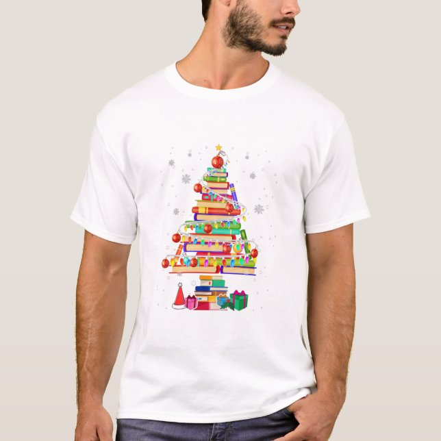 Merry Christmas Library Tree Cute Book Lover T-Shirt (Front)