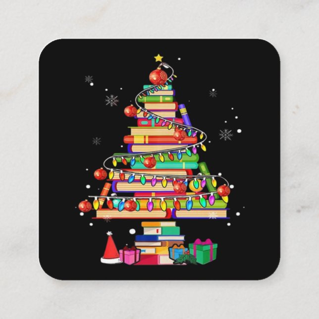 Merry Christmas Library Tree Square Business Card (Back)