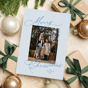 Merry Christmas light blue script photo Holiday Card