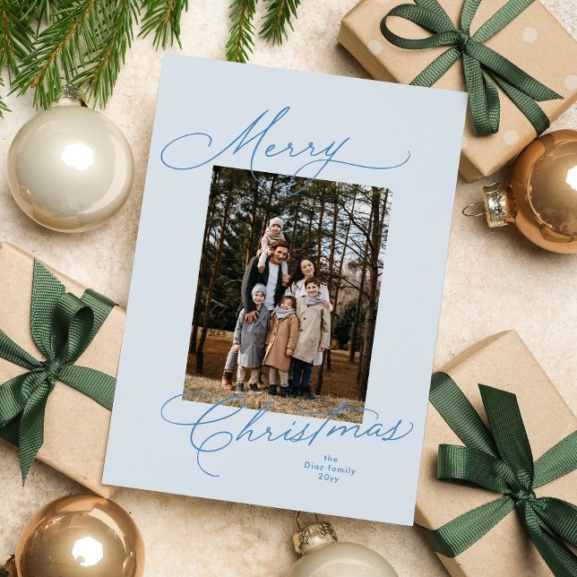Merry Christmas light blue script photo Holiday Card (Creator Uploaded)
