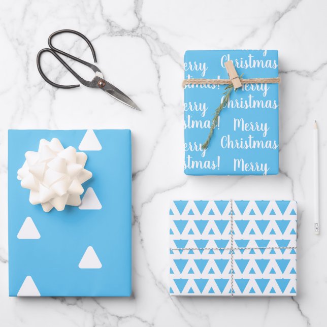 Merry Christmas Light Blue Triangle  Wrapping Paper Sheet (Front)