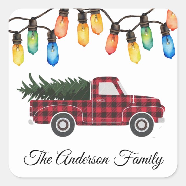Merry Christmas Light Bulbs truck-tree Family Name Square Sticker (Front)
