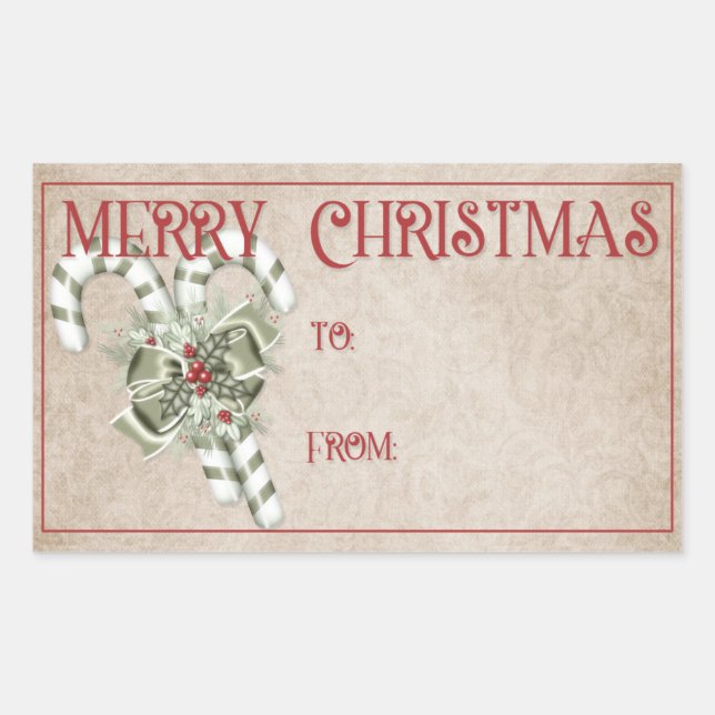 Merry Christmas | Light Green & White Candy Canes Rectangular Sticker (Front)
