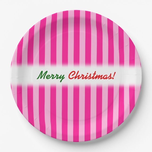 "Merry Christmas!"; Light Pink & Deep Pink Stripes Paper Plate (Front)