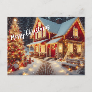 Merry Christmas Lighted Home and Christmas Tree Postcard