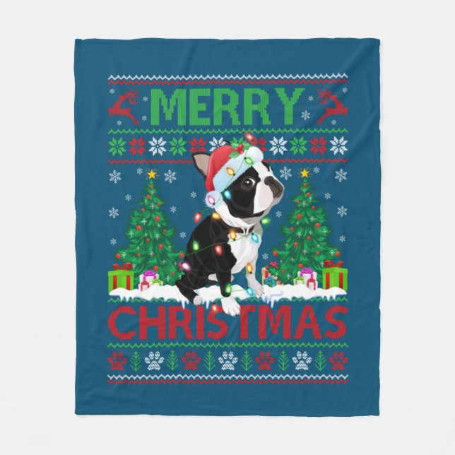 Merry Christmas Lighting Ugly Boston Terrier Chris Fleece Blanket (Front)