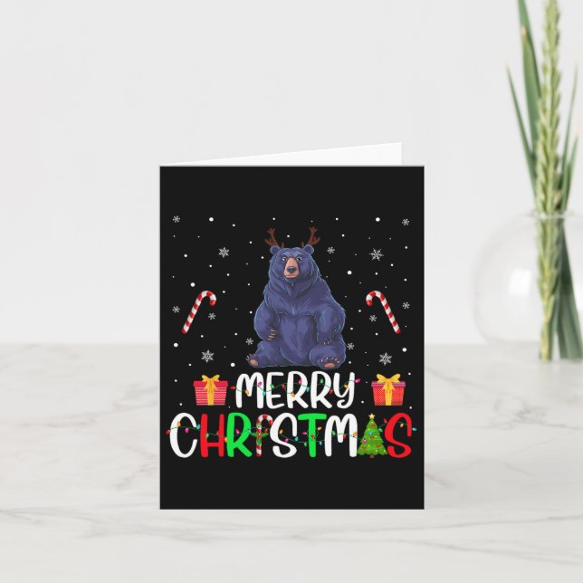 Merry Christmas Lights Bear Reindeer Hat Xmas Pjs  Card (Front)