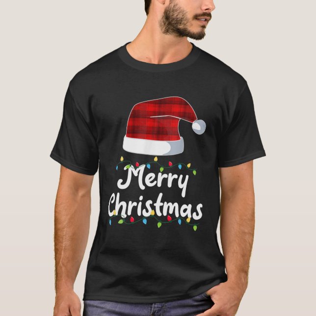 Merry Christmas Lights Cute Red Plaid Santas Hat F T-Shirt (Front)