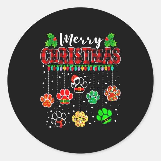 Merry Christmas Lights Dog Paw Xmas  Classic Round Sticker (Front)