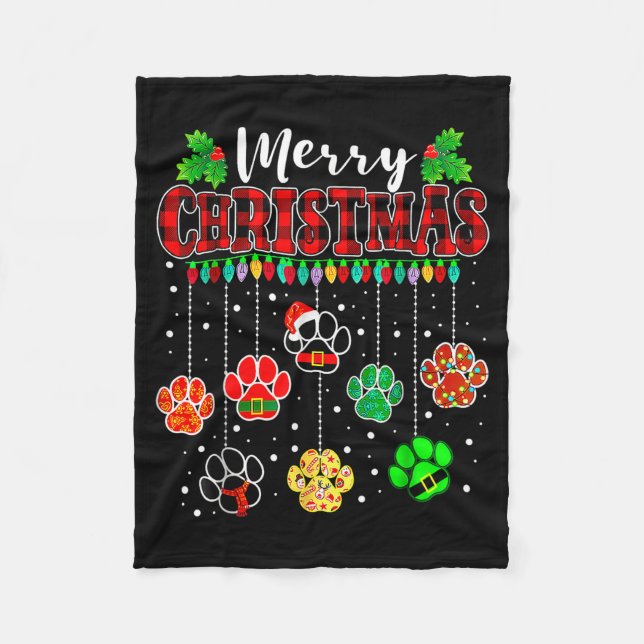 Merry Christmas Lights Dog Paw Xmas  Fleece Blanket (Front)