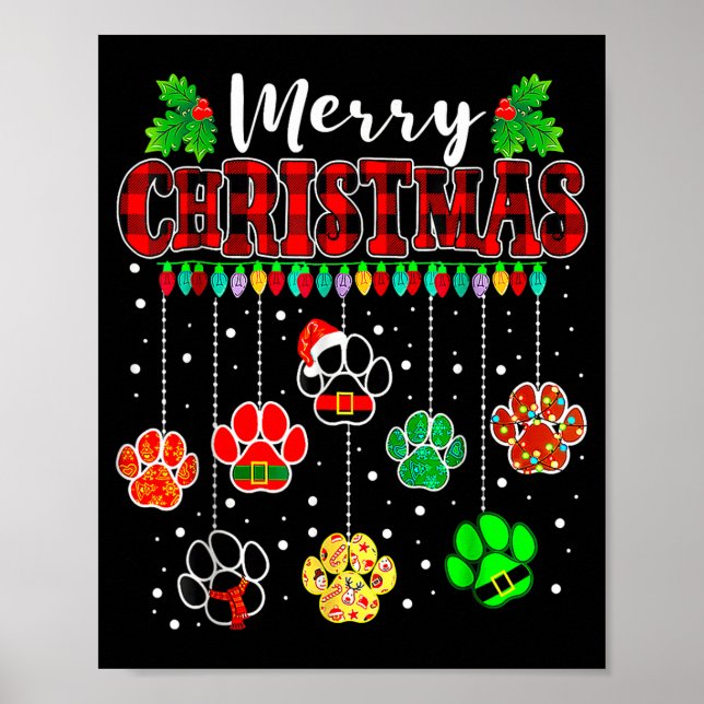 Merry Christmas Lights Dog Paw Xmas  Poster (Front)