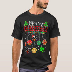 Merry Christmas Lights Dog Paw Xmas T-Shirt