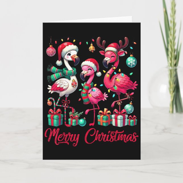 Merry Christmas Lights Flamingo Santa Hat Snow Xma Card (Front)