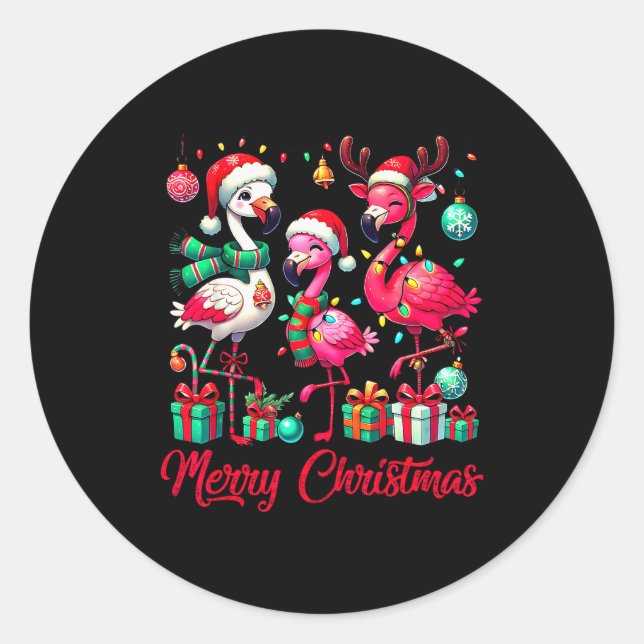 Merry Christmas Lights Flamingo Santa Hat Snow Xma Classic Round Sticker (Front)