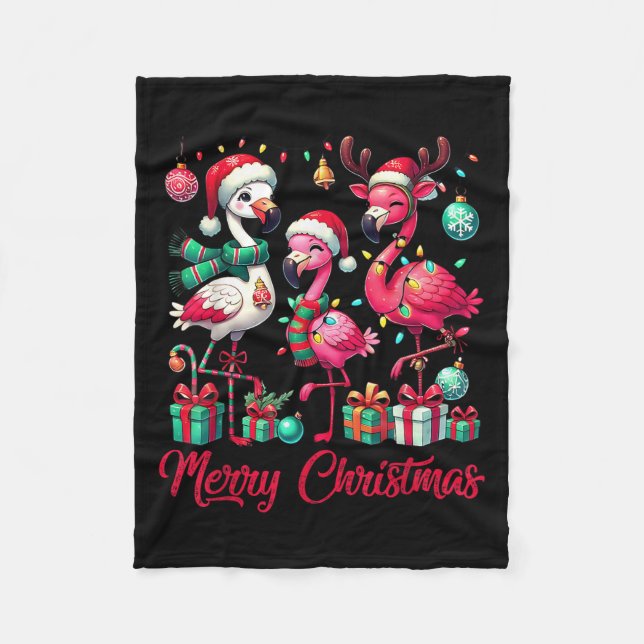 Merry Christmas Lights Flamingo Santa Hat Snow Xma Fleece Blanket (Front)
