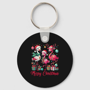 Merry Christmas Lights Flamingo Santa Hat Snow Xma Key Ring