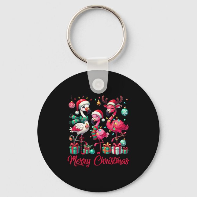 Merry Christmas Lights Flamingo Santa Hat Snow Xma Key Ring (Front)