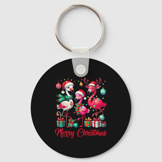 Merry Christmas Lights Flamingo Santa Hat Snow Xma Key Ring (Front)
