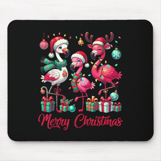 Merry Christmas Lights Flamingo Santa Hat Snow Xma Mouse Mat (Front)