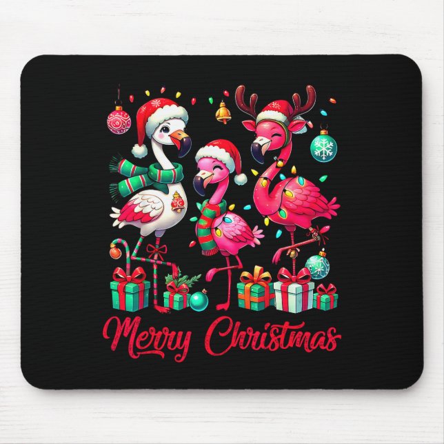 Merry Christmas Lights Flamingo Santa Hat Snow Xma Mouse Mat (Front)