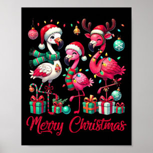 Merry Christmas Lights Flamingo Santa Hat Snow Xma Poster