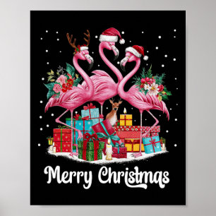 Merry Christmas Lights Flamingo Santa Hat Snow Xma Poster
