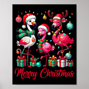 Merry Christmas Lights Flamingo Santa Hat Snow Xma Poster