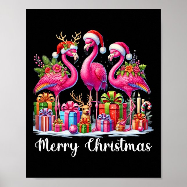 Merry Christmas Lights Flamingo Santa Hat Snow Xma Poster (Front)