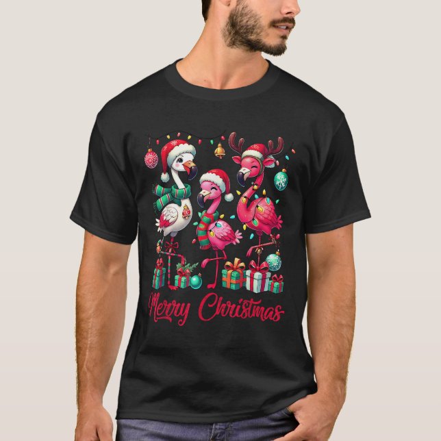 Merry Christmas Lights Flamingo Santa Hat Snow Xma T-Shirt (Front)