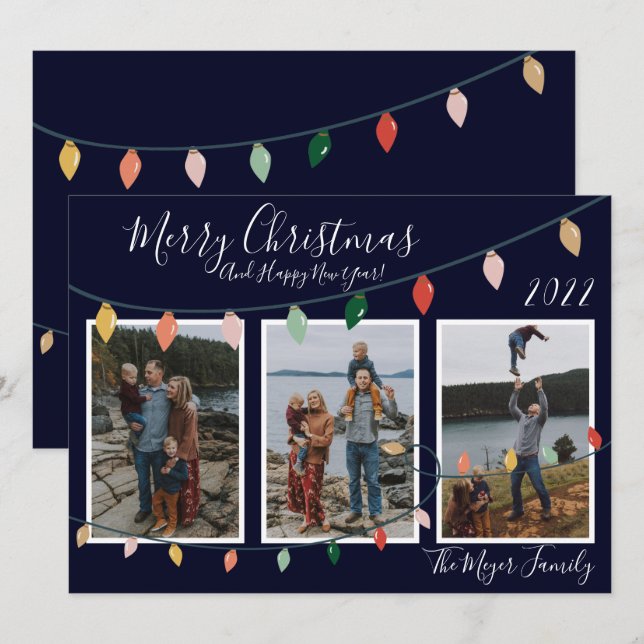 Merry Christmas Lights Midnight Blue Photo Holiday Card (Front/Back)