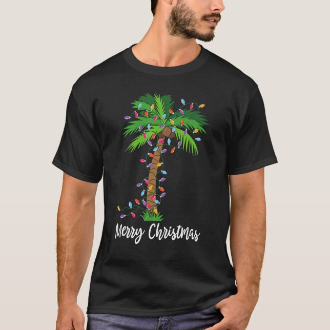 Merry Christmas Lights Palm Tree Beach Xmas Pajama T-Shirt (Front)