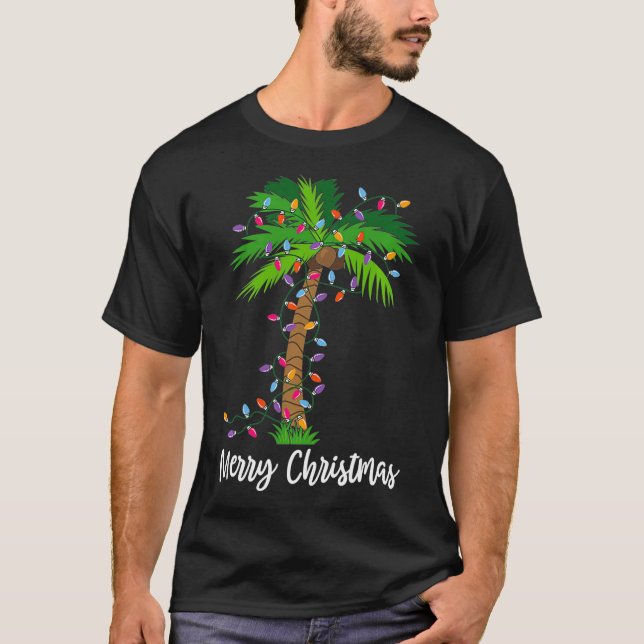 Merry Christmas Lights Palm Tree Beach Xmas Pajama T-Shirt (Front)
