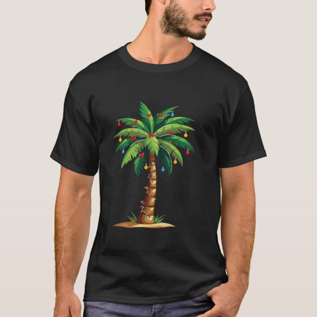 Merry Christmas Lights Palm Tree Beach Xmas Pajama T-Shirt (Front)