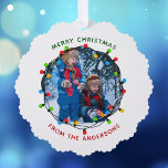 Merry Christmas Lights Photo Red Green From Family Tree Decoration Card<br><div class="desc">This cute Merry Christmas family photo gift tag ornament card features a bright,  beautiful strand of Xmas lights framing your kids photograph in a festive circle. Customise your own message in red and green for a colourful holiday gift wrapping accessory.</div>