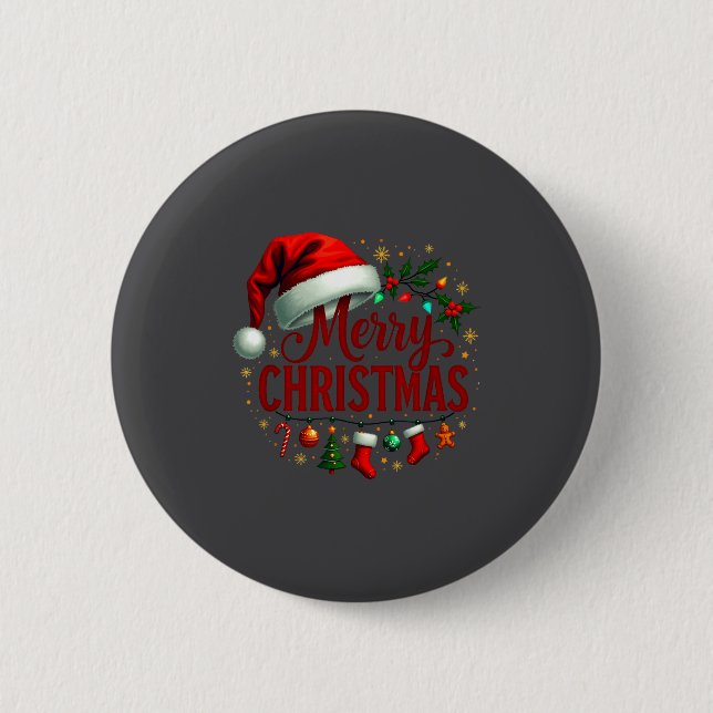 Merry Christmas Lights Red Santa Hat Family Men Wo 6 Cm Round Badge (Front)
