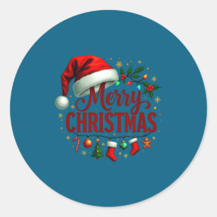 Merry Christmas Lights Red Santa Hat Family Men Wo Classic Round Sticker