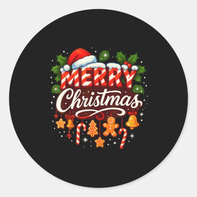 Merry Christmas Lights Red Santa Hat Family Xmas P Classic Round Sticker (Front)