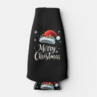 Merry Christmas Lights Red Santa Hat Tree Family Bottle Cooler