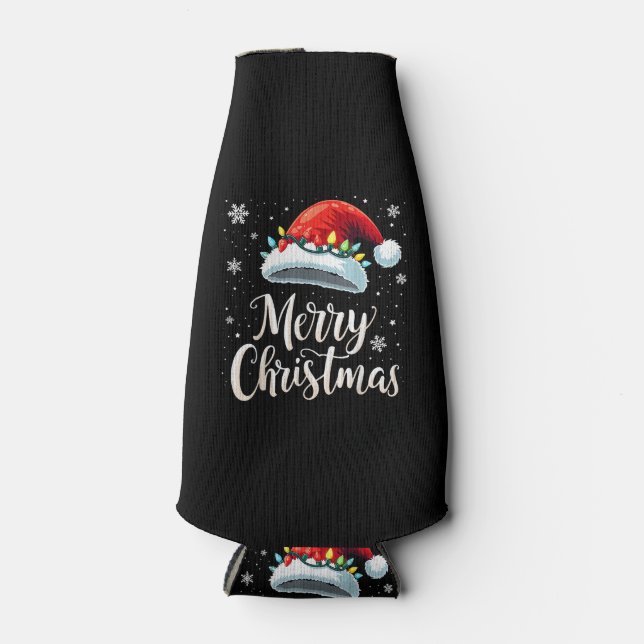 Merry Christmas Lights Red Santa Hat Tree Family Bottle Cooler (Front)