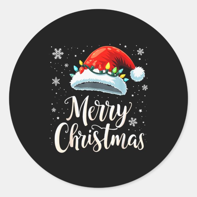 Merry Christmas Lights Red Santa Hat Xmas Family  Classic Round Sticker (Front)