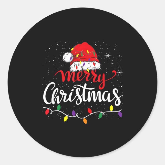 Merry Christmas Lights Red Santa Hat Xmas Family  Classic Round Sticker (Front)