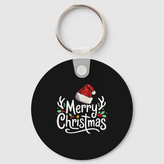 Merry Christmas Lights Red Santa Hat Xmas Family  Key Ring (Front)