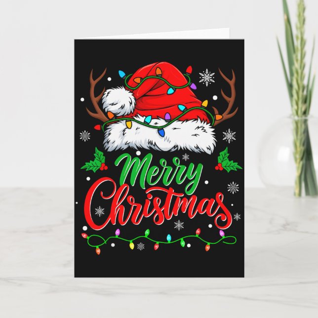Merry Christmas Lights Red Santa Hat Xmas Family M Card (Front)